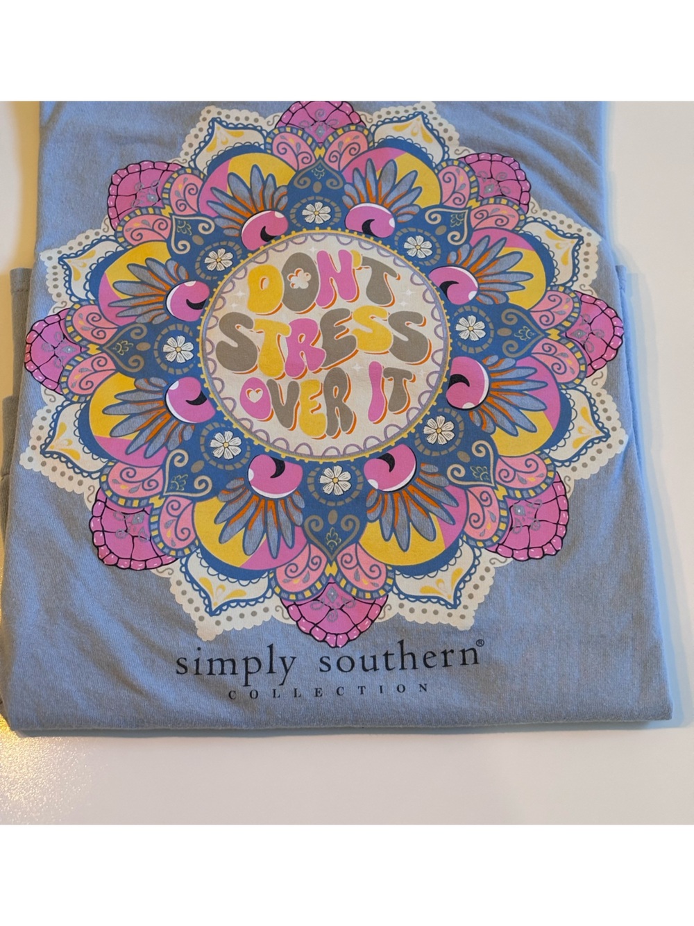Simply Southern Tee -Don’t Stress Over It, Women’s Medium , Light Blue